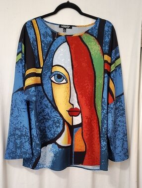 Love Women's Long Sleeve Abstract Face Top - Blue/Red/Green